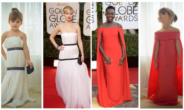 4 year old girl makes red carpet dress out of paper