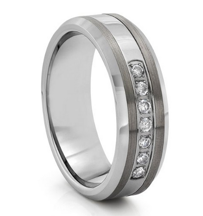 Tungsten Carbide Silver CZ Mens Wedding Band Ring