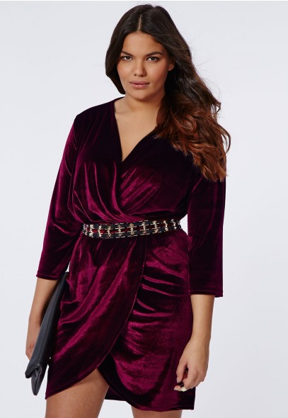 MissGuided Plus Size Velvet Wrap Dress Oxblood