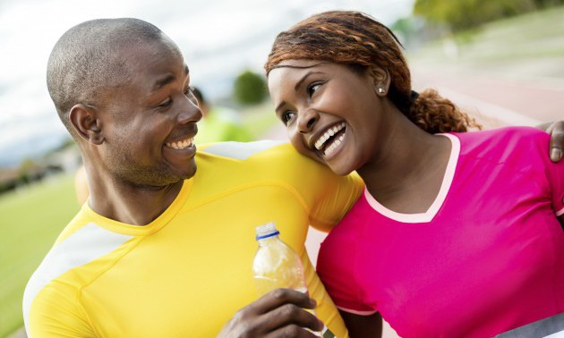 Happy couple running