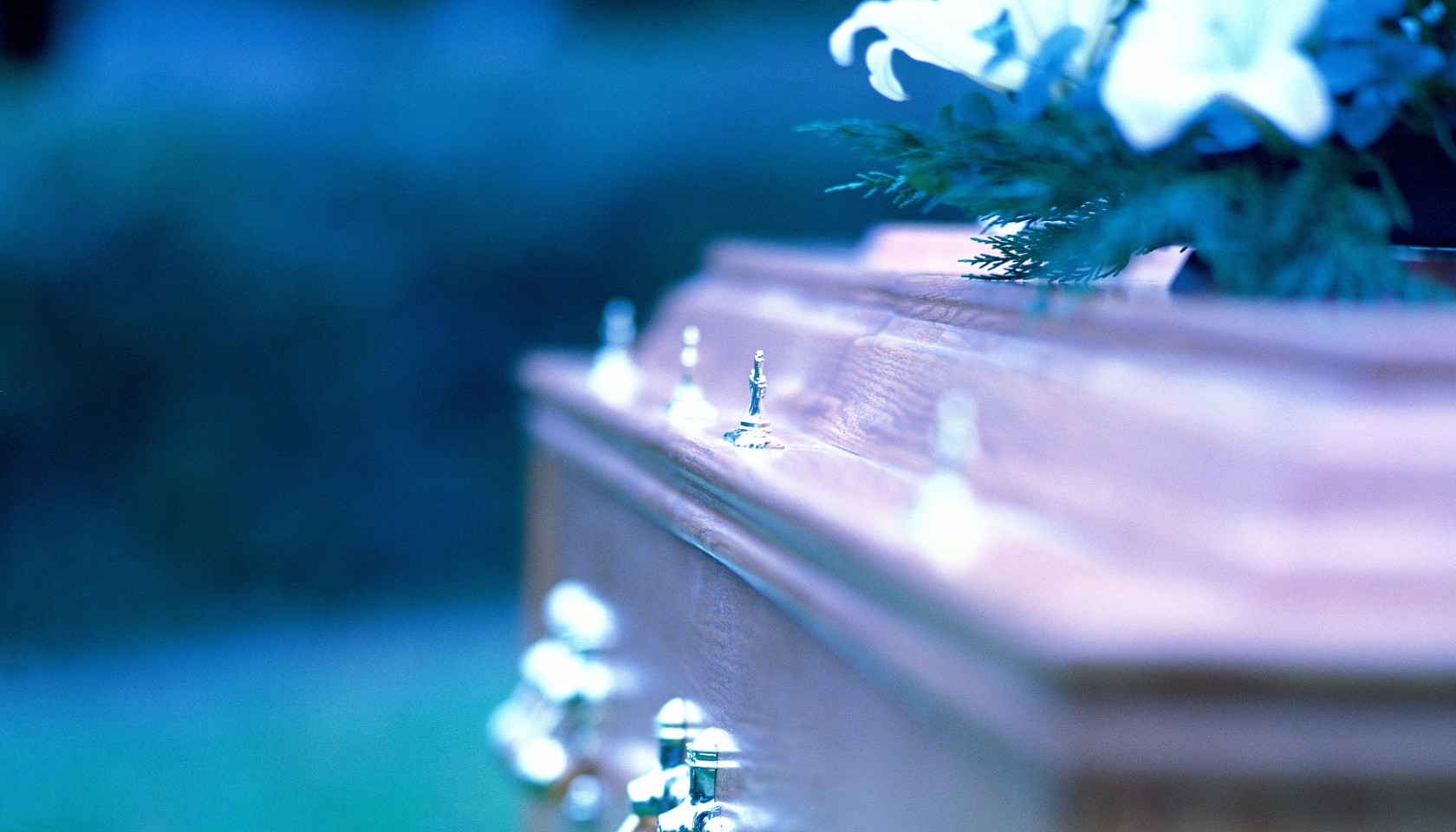 close-up of the side of a coffin with brass handles