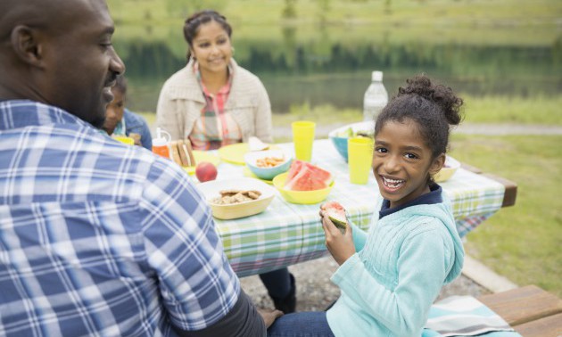 Family eating at picnic table