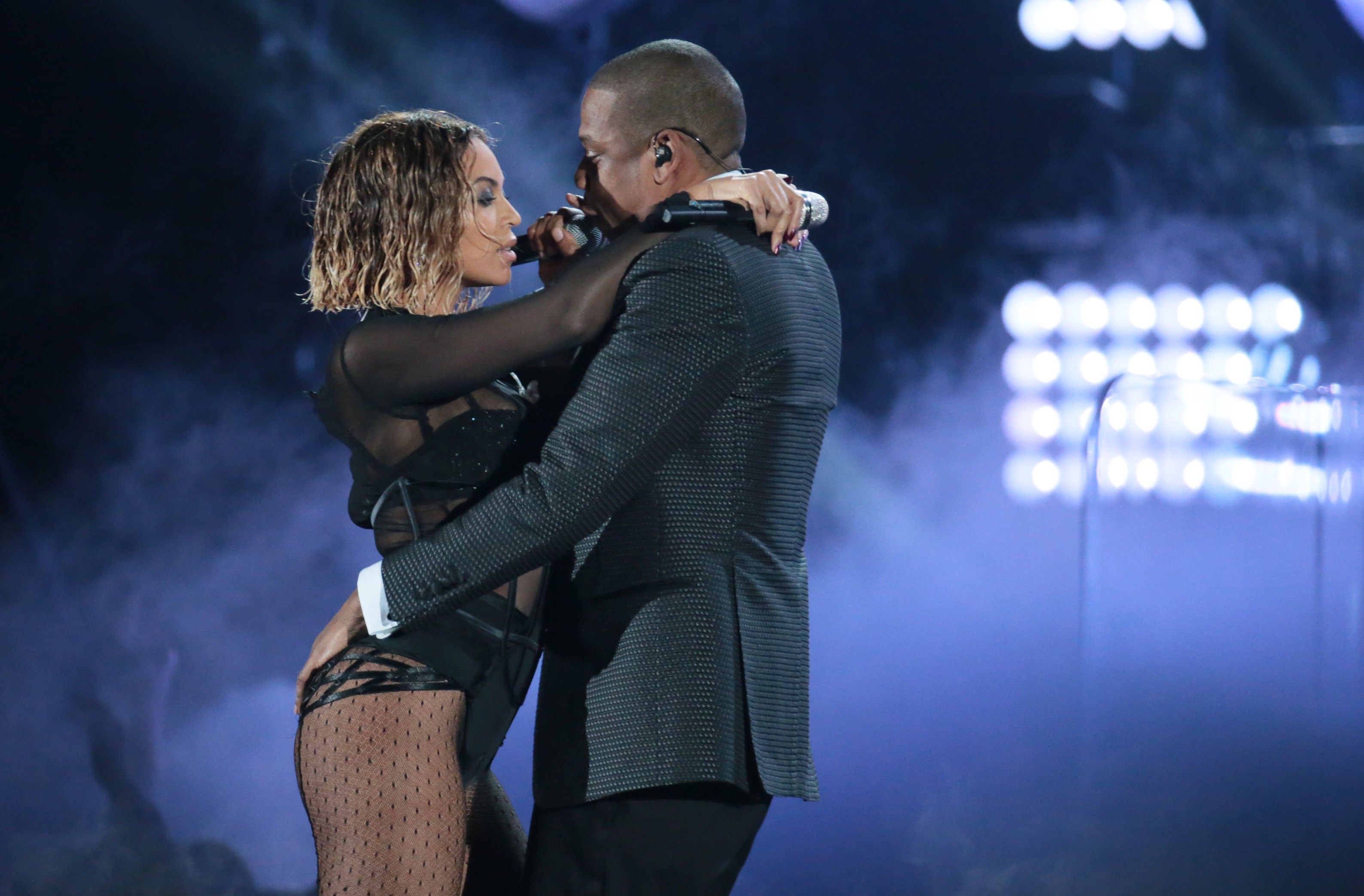 Singer Beyonce and husband Jay Z perform on stage at the 56th Annual GRAMMY(R) Awards at STAPLES Ce