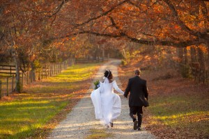 African American bride and groom walking on path