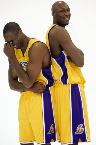 Kobe Bryant, left, and Lamar Odom of the Los Angeles Lakers share a laugh together in between being