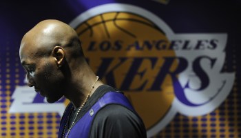 Lakers Lamar Odom walks to the locker room after pratcice at the Staples Center Friday.