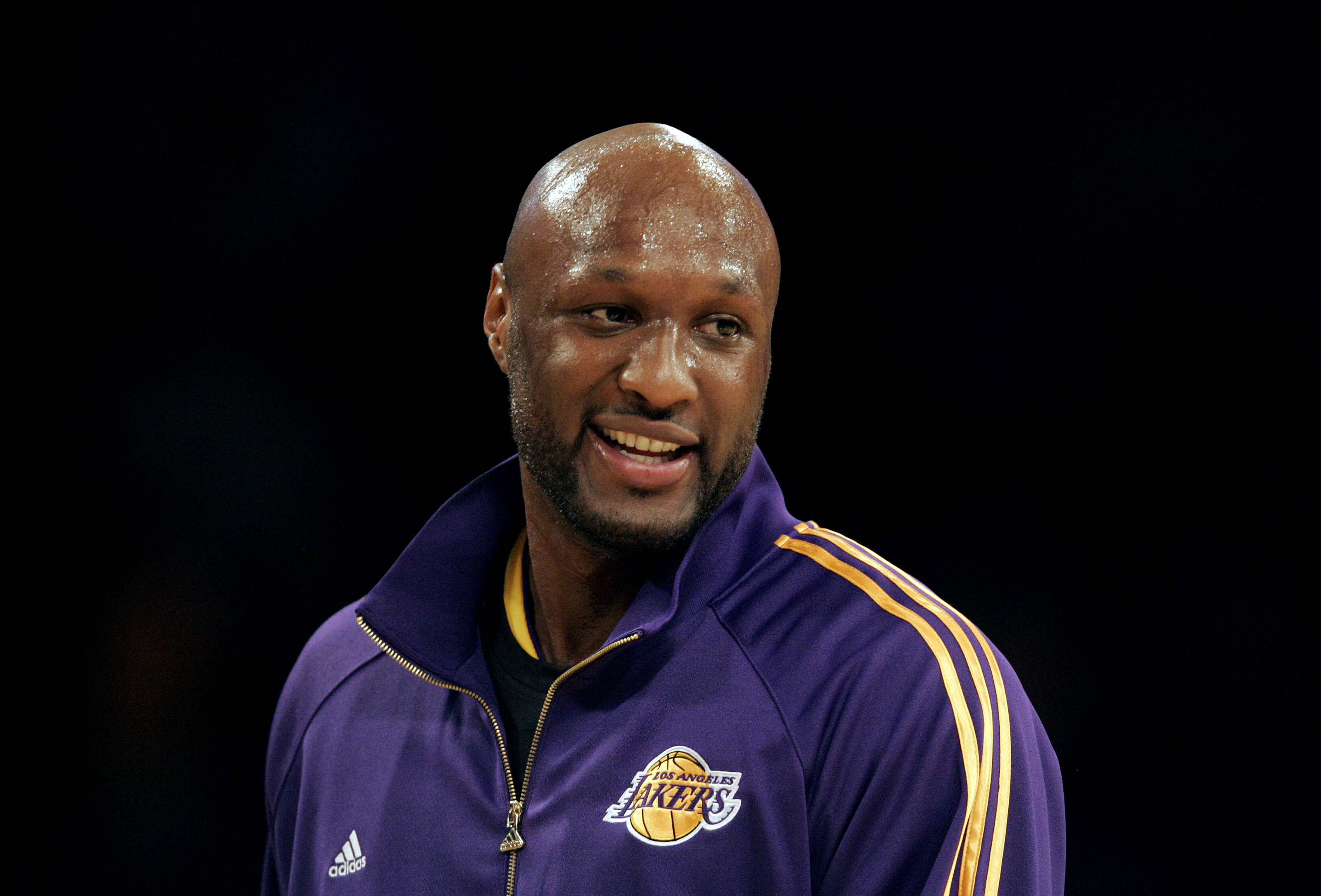 Lakers Lamar Odom is jovial during the shoot around before the start of the game against the Philad