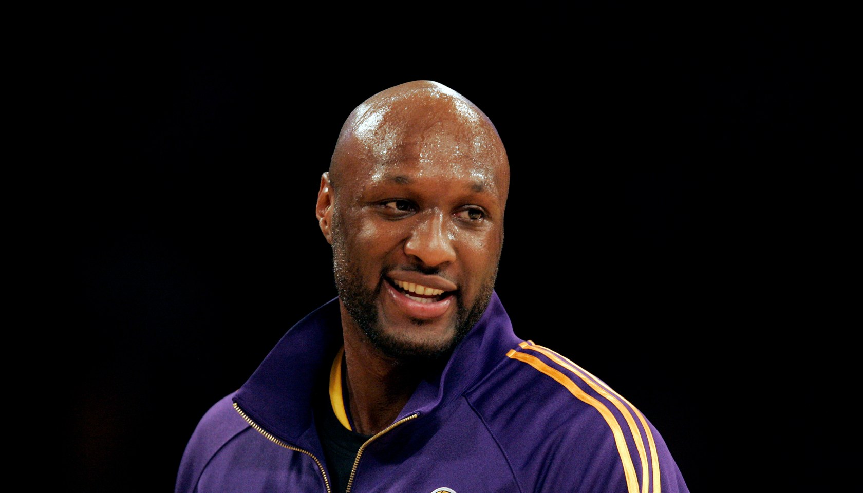 Lakers Lamar Odom is jovial during the shoot around before the start of the game against the Philad