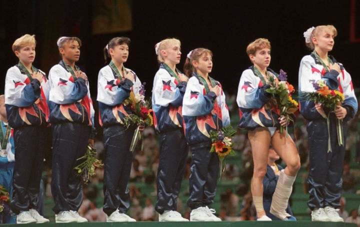 The US Olympic women gymnastics team (L-R) Amanda