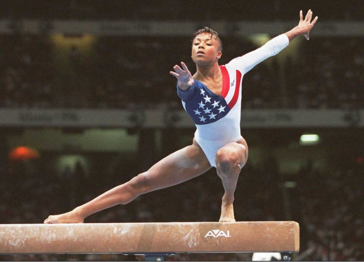 US Olympic team gymnast Dominique Dawes practices