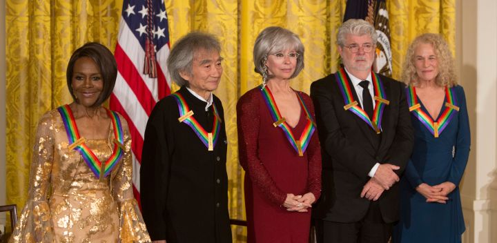Actress and Broadway star Cicely Tyson (L), Conductor Seiji Ozawa (2nd-L), actress and singer Rita Moreno (C), filmmaker George Lucasa (2nd-R), and singer-songwriter Carole King (R)