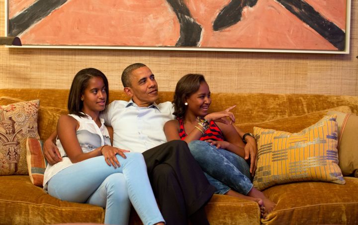 BARACK OBAMA AND HIS DAUGHTERS LOUNGING ON THE SOFA, 2016