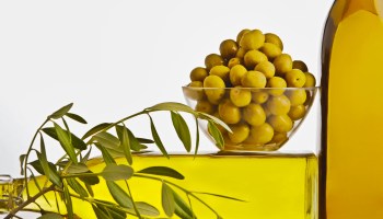 Olive oil bottles with olives