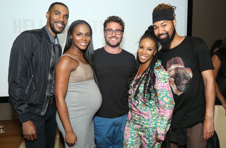 Parker Sawyers, Tika Sumpter, Director Richard Tanne, June Ambrose, and Ty Hunter pose on the pink carpet at HelloBeautiful’s screening