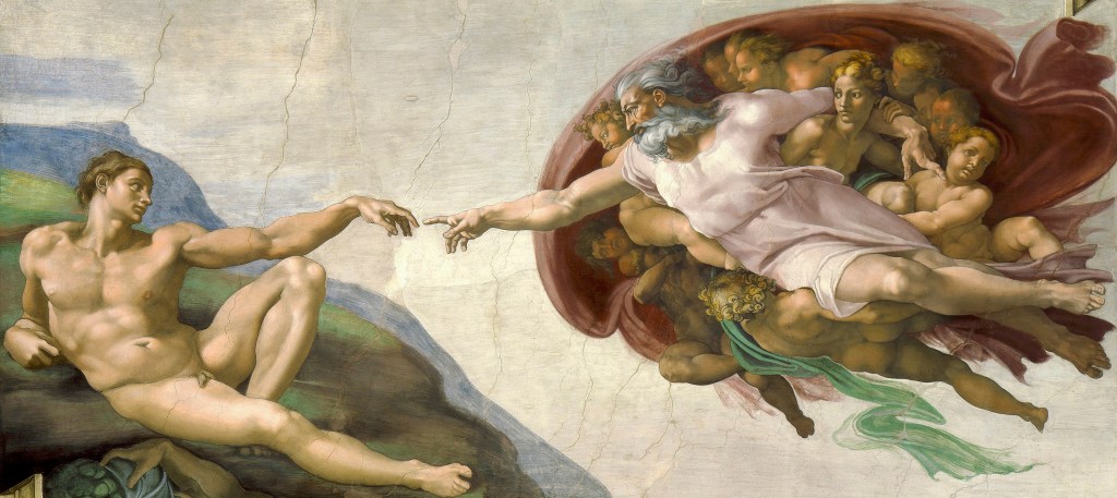 The Creation of Adam painting by Michelangelo on ceiling of the Sistine Chapel.