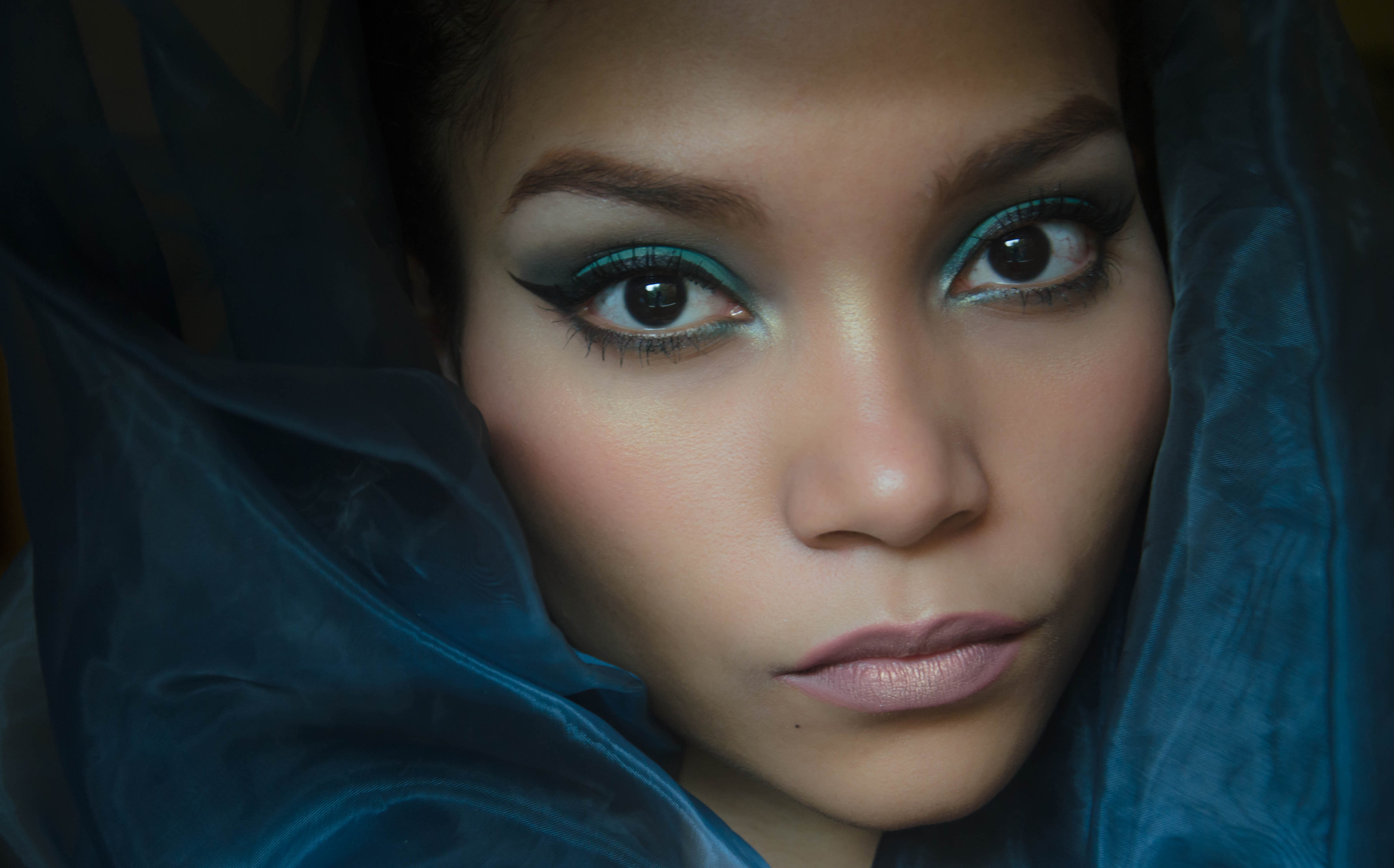 Beautiful woman peering over veil