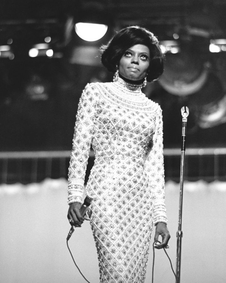 Blues singer Diana Ross, of the Supremes, as she performs on an unspecified television show, late 1960s