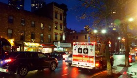 FDNY (Fire Department of New York) ambulance along Dekalb Avenue in Brooklyn, New York City
