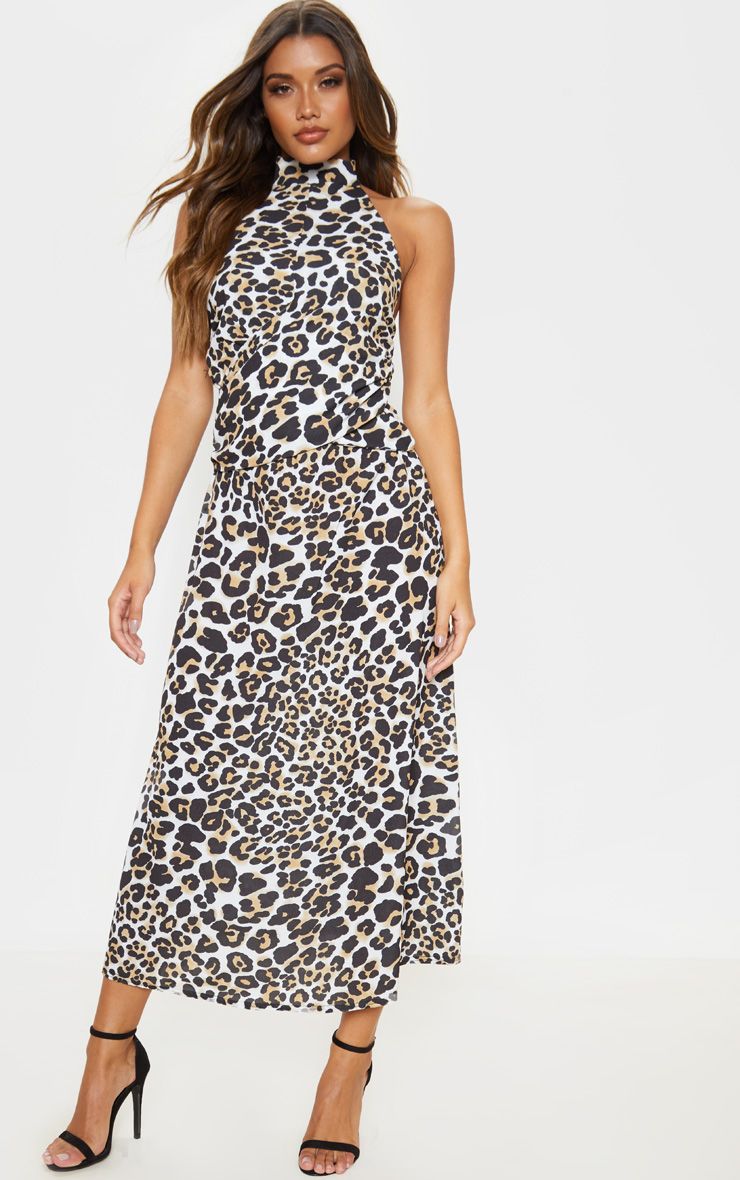 Tan Leopard Print Halterneck Wrap Front Maxi Dress