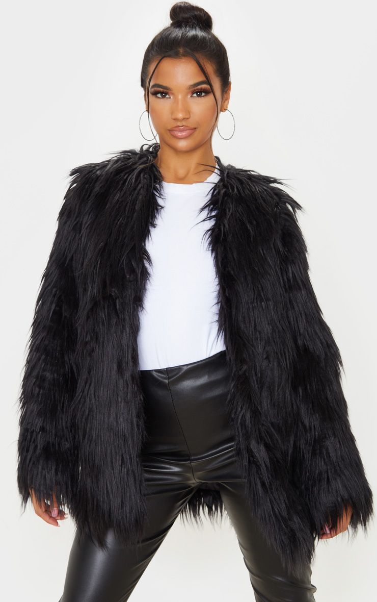 Pretty Little Thing Amaria Black Shaggy Faux Fur Jacket