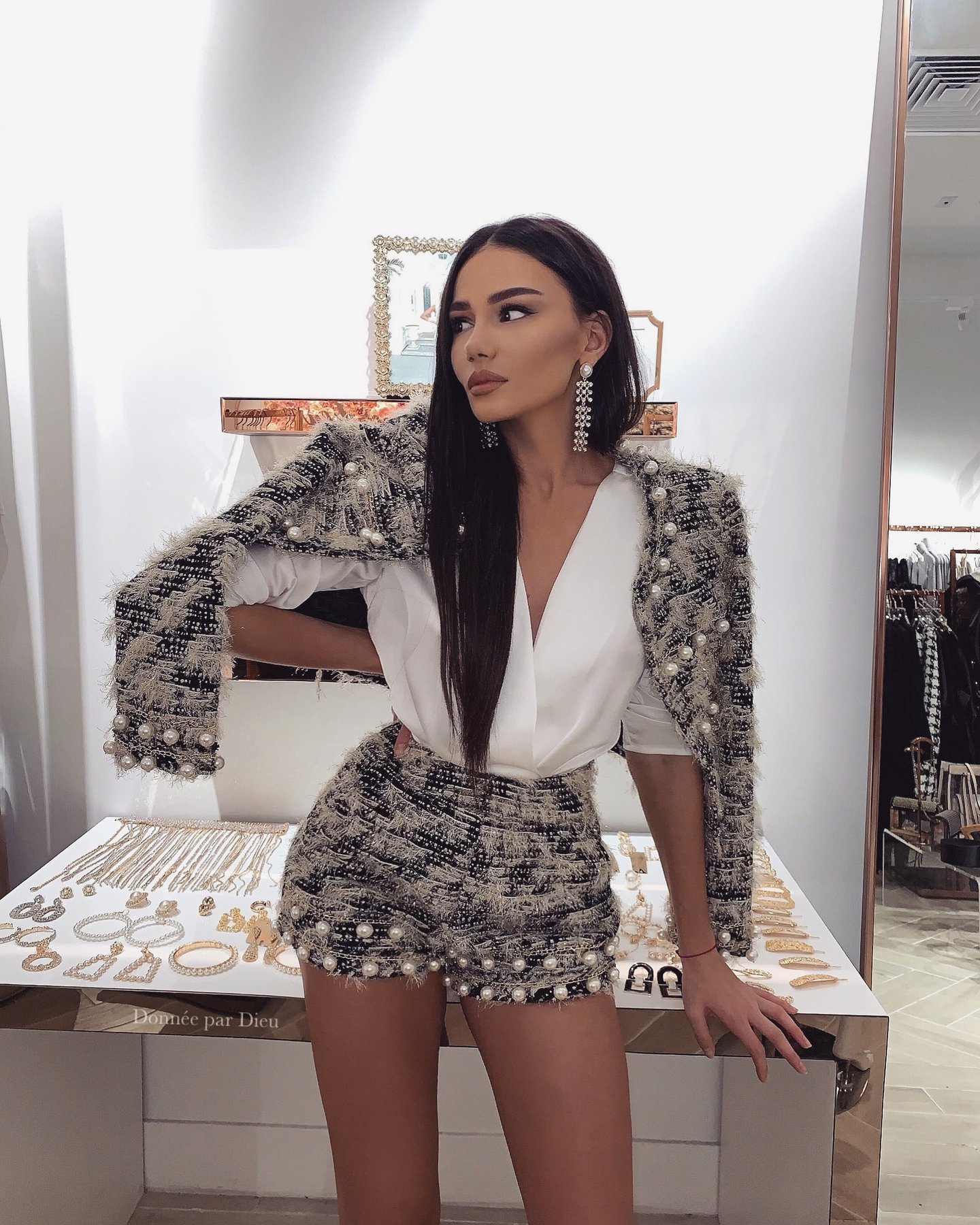 ‘SYMPHONY’ Tweed Long Sleeve | Pearl Detailed | Crop Jacket with Shorts Set