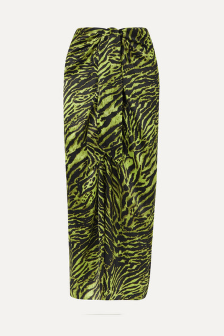 GANNI Tie Front Tiger Print Silk Blend Satin Midi Skirt