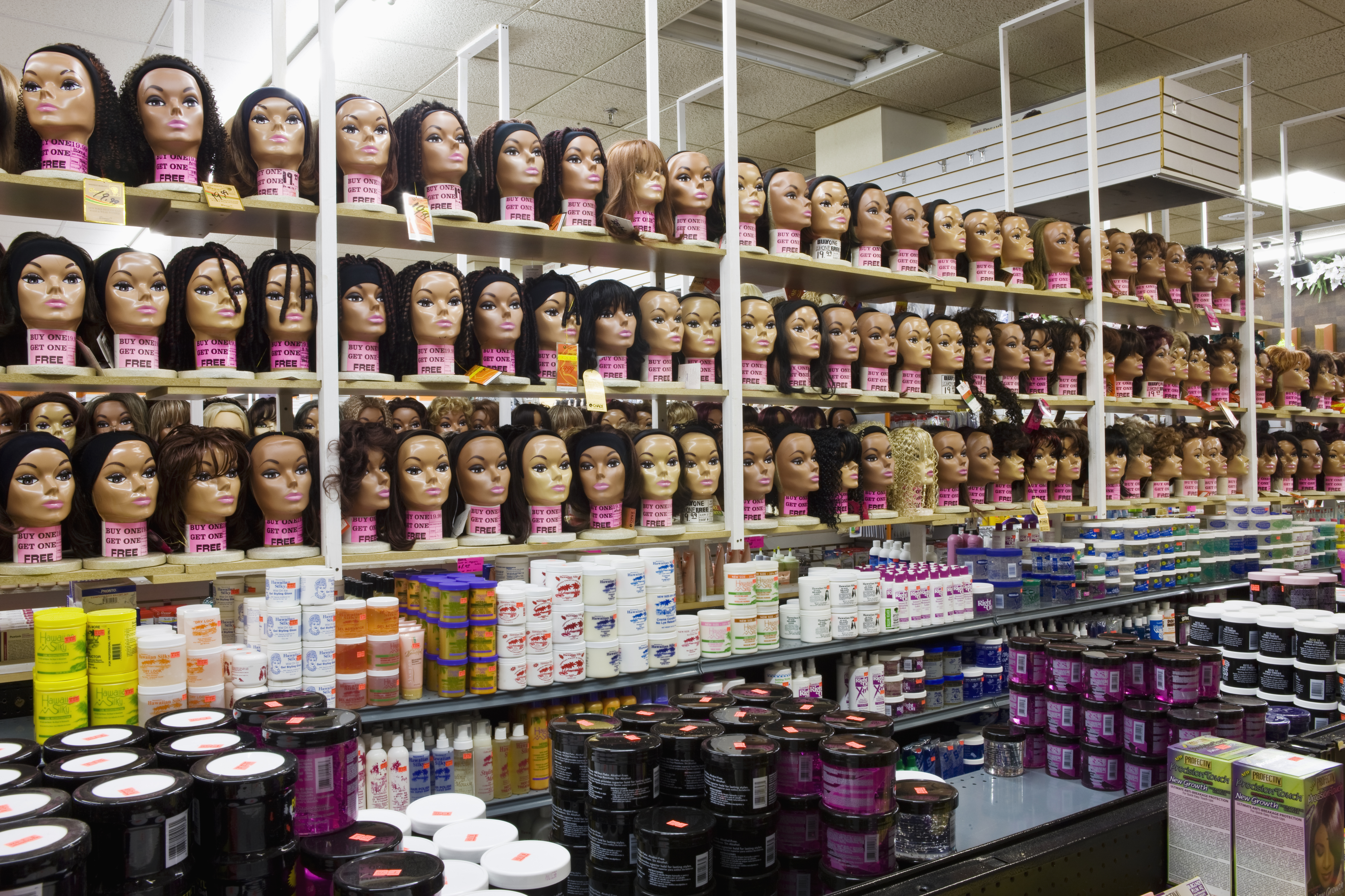 Wide shot of wig shop - stock photo