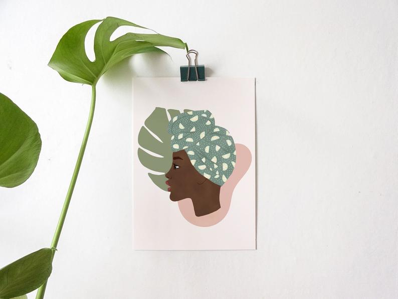 Poster A4 or A5 Illustration Portrait of woman black turban and monstera leaf