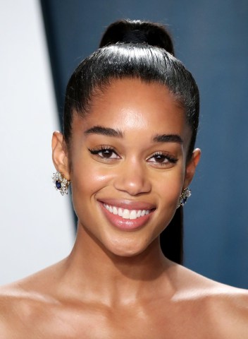Laura Harrier arrives at the 2020 Vanity Fair Oscar Party held at the Wallis Annenberg Center for th...