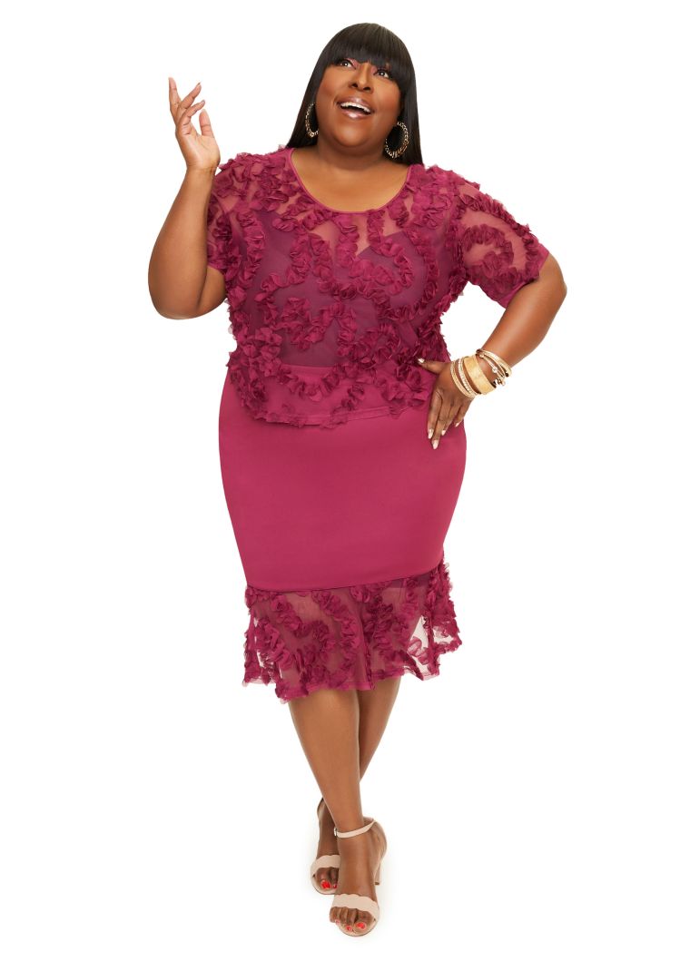 FLORAL MESH SHORT SLEEVE BOXY TOP ($39.50), RUFFLE MESH TRIM SKIRT ($49.50)