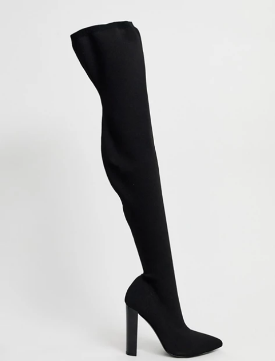 ASOS DESIGN Wide Fit Kudos knitted block heel thigh high boots in black