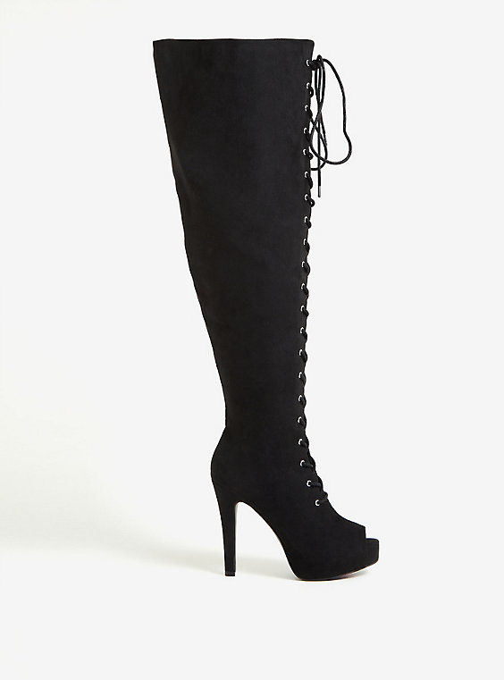 BLACK FAUX SUEDE OPEN TOE PLATFORM LACE-UP OVER-THE-KNEE BOOT (WW)