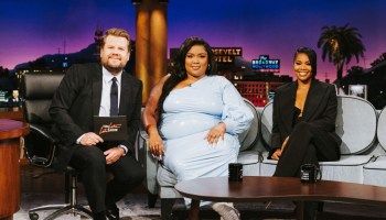 James Corden, Lizzo, and Gabrielle Union sit on the set of The Late Late Show with James Corden...