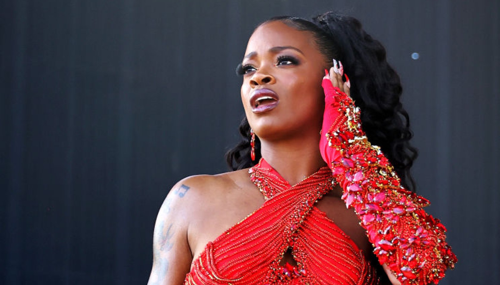 ari lennox red dress Ari Lennox Performs at Coachella In A Custom Red Crystal Bodysuit