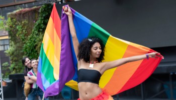 Portrait of a brunette Latina with curly hair enjoying her gay pride day dressed very colorful smiling at the camera while happily holding her gay pride flag
