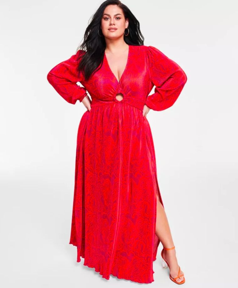 Keyhole Printed Pleated Jersey Maxi Dress