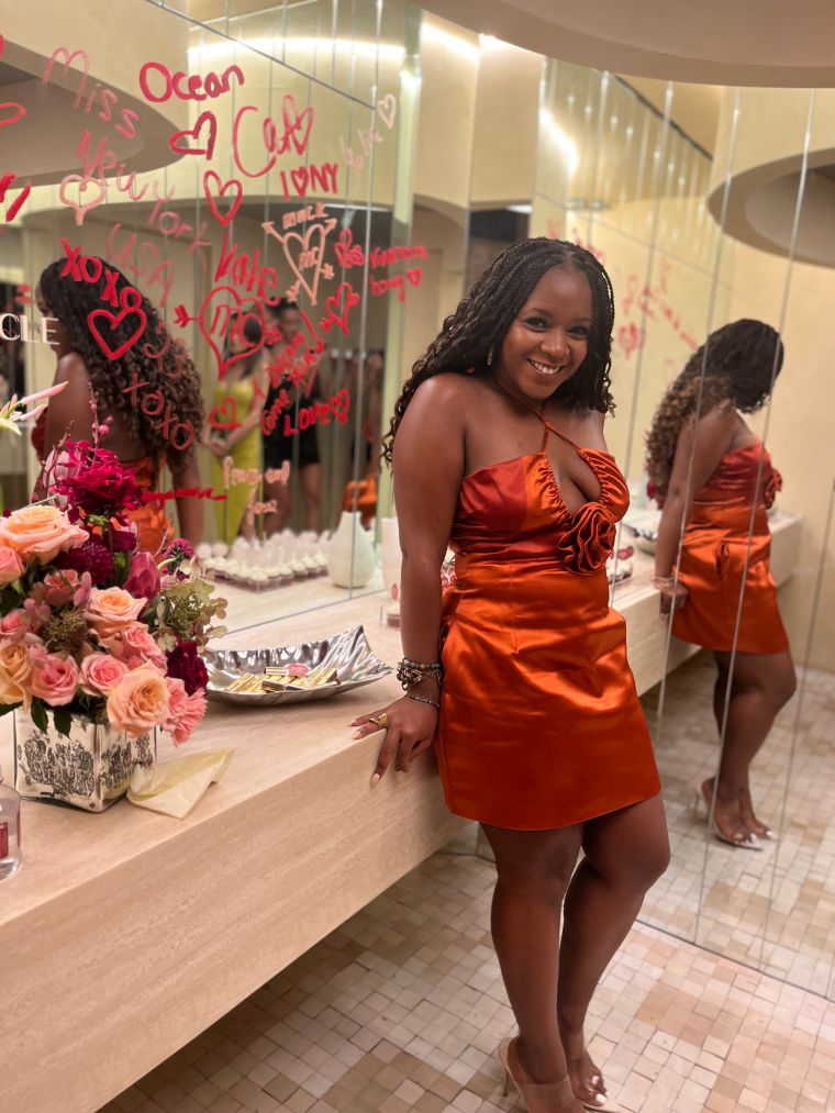 Miss Circle's Marcia Orange Satin Strappy Halter Neck Dress