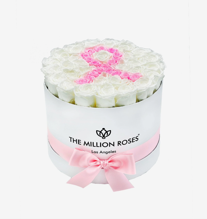The Million Roses Supreme White Box | Pink Ribbon Edition | White & Baby Pink Roses