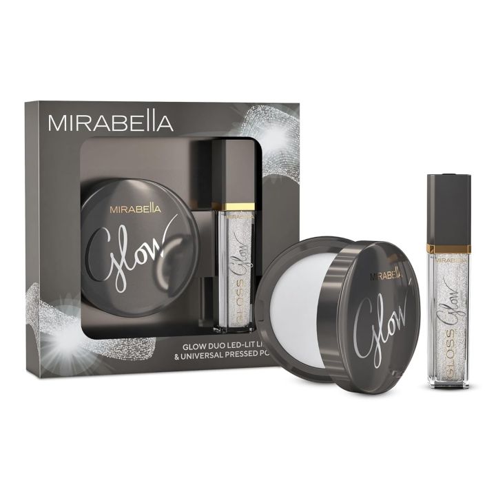 Mirabella Glow Duo, LED Lit Lip Gloss & Hyaluronic Pressed Powder Gift Set