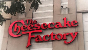 The Cheesecake Factory logo and sign outside shopping Mall, Queens, New York
