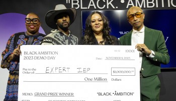 Felecia Hatcher, CEO of Black Ambition, Leo Creer, Co-Founder and CTO of Expert IEP, Grand Prize Winner Antoinette Banks, CEO and Founder of Expert IEP, and Pharrell Williams, Founder of Black Ambition