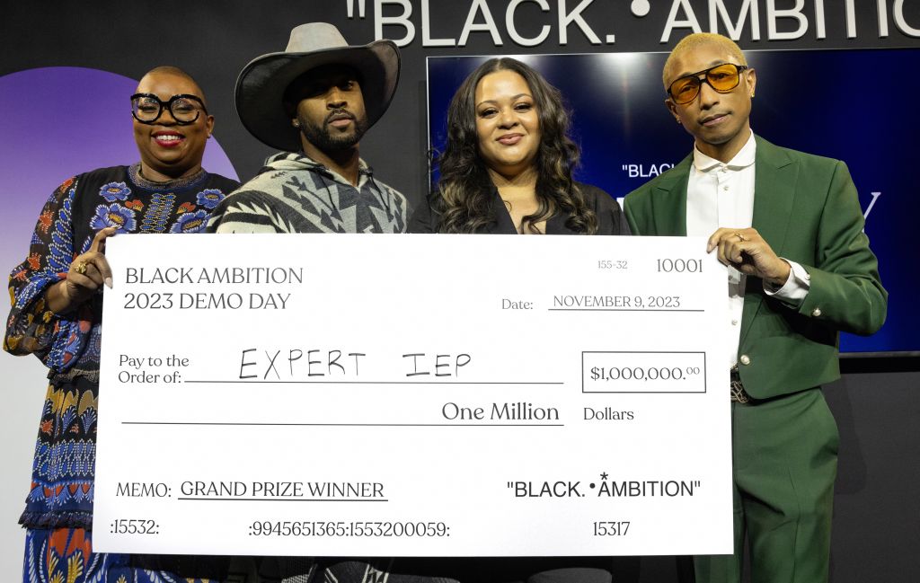 Felecia Hatcher, CEO of Black Ambition, Leo Creer, Co-Founder and CTO of Expert IEP, Grand Prize Winner Antoinette Banks, CEO and Founder of Expert IEP, and Pharrell Williams, Founder of Black Ambition