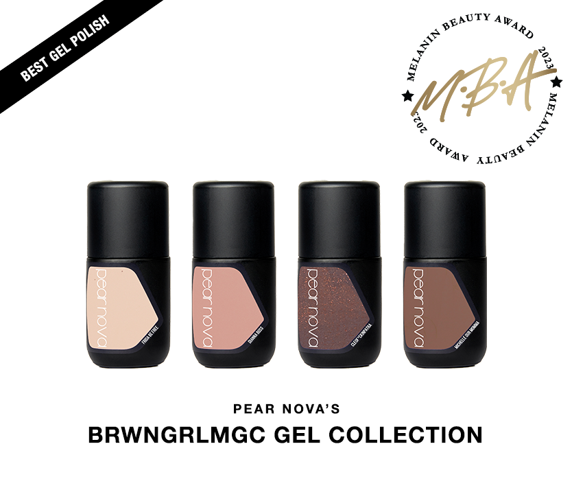4 different nail colors of Pear Nova’s BRWNGRLMGC Gel Collection 