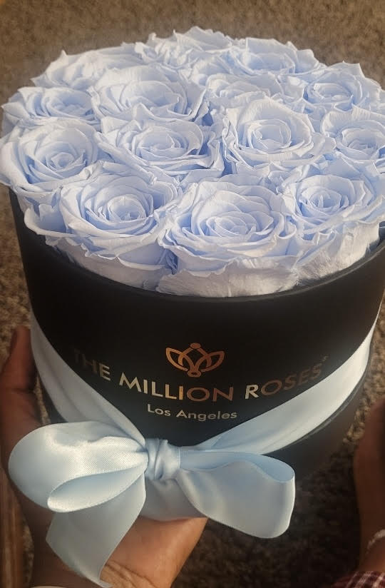 Image of 14 sky blue roses from The Million Roses in a round canister