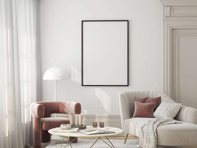 Frame mockup, ISO A paper size. Living room wall poster mockup. Interior mockup with house background. Modern interior design. 3D render