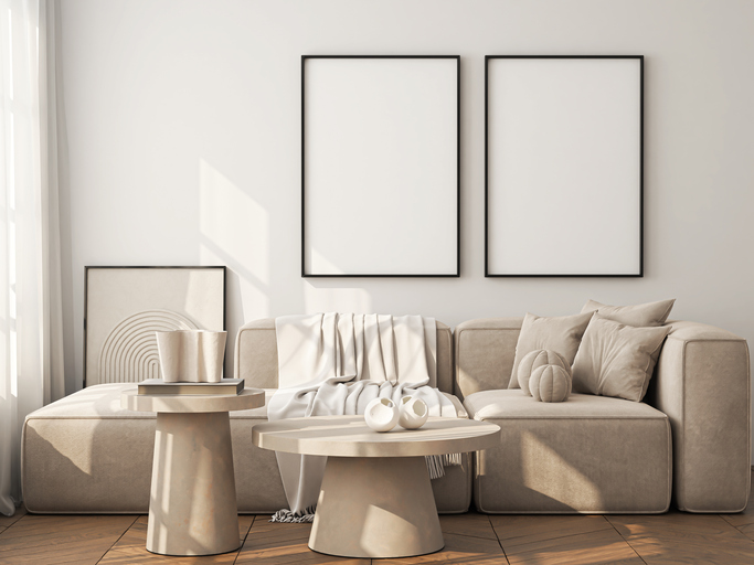 Frame mockup, ISO A paper size. Living room wall poster mockup. Interior mockup with house background. Modern interior design. 3D render- home smell good