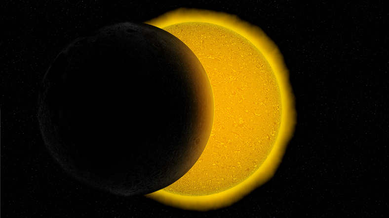 Solar eclipse, the moon transiting between the sun and planet Earth