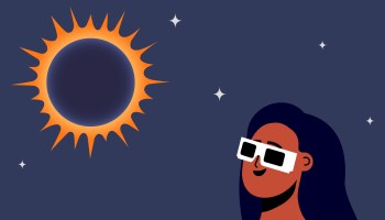 Woman wearing safety glasses watch a solar eclipse