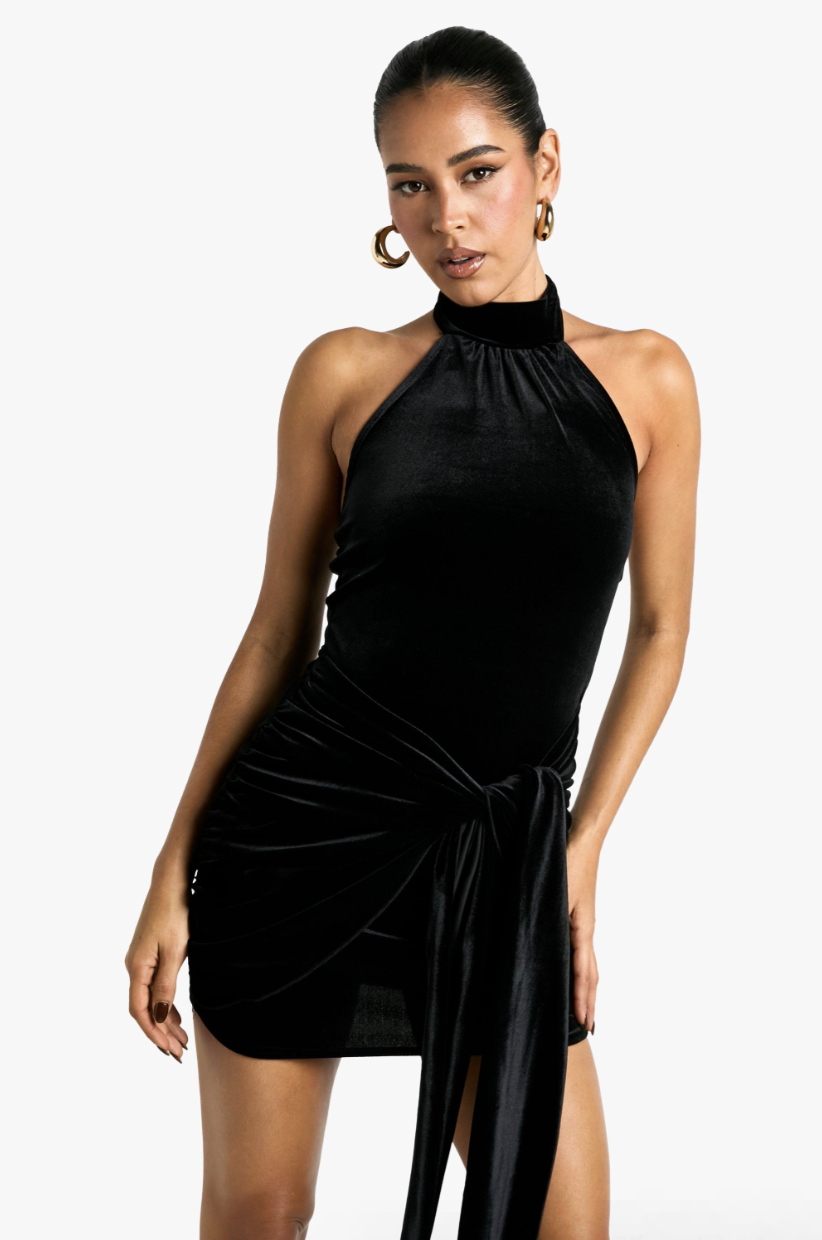 VELVET TIE WAIST RACER MINI DRESS