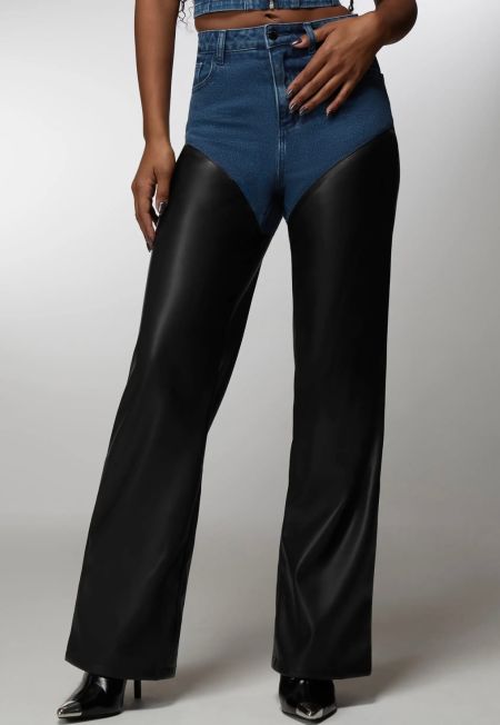 High Waist Vegan Leather Combo Wide Leg Jean
